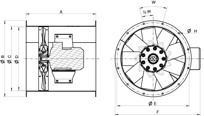 Размеры вентилятора Systemair AXC-EX 560-9/20°-4
